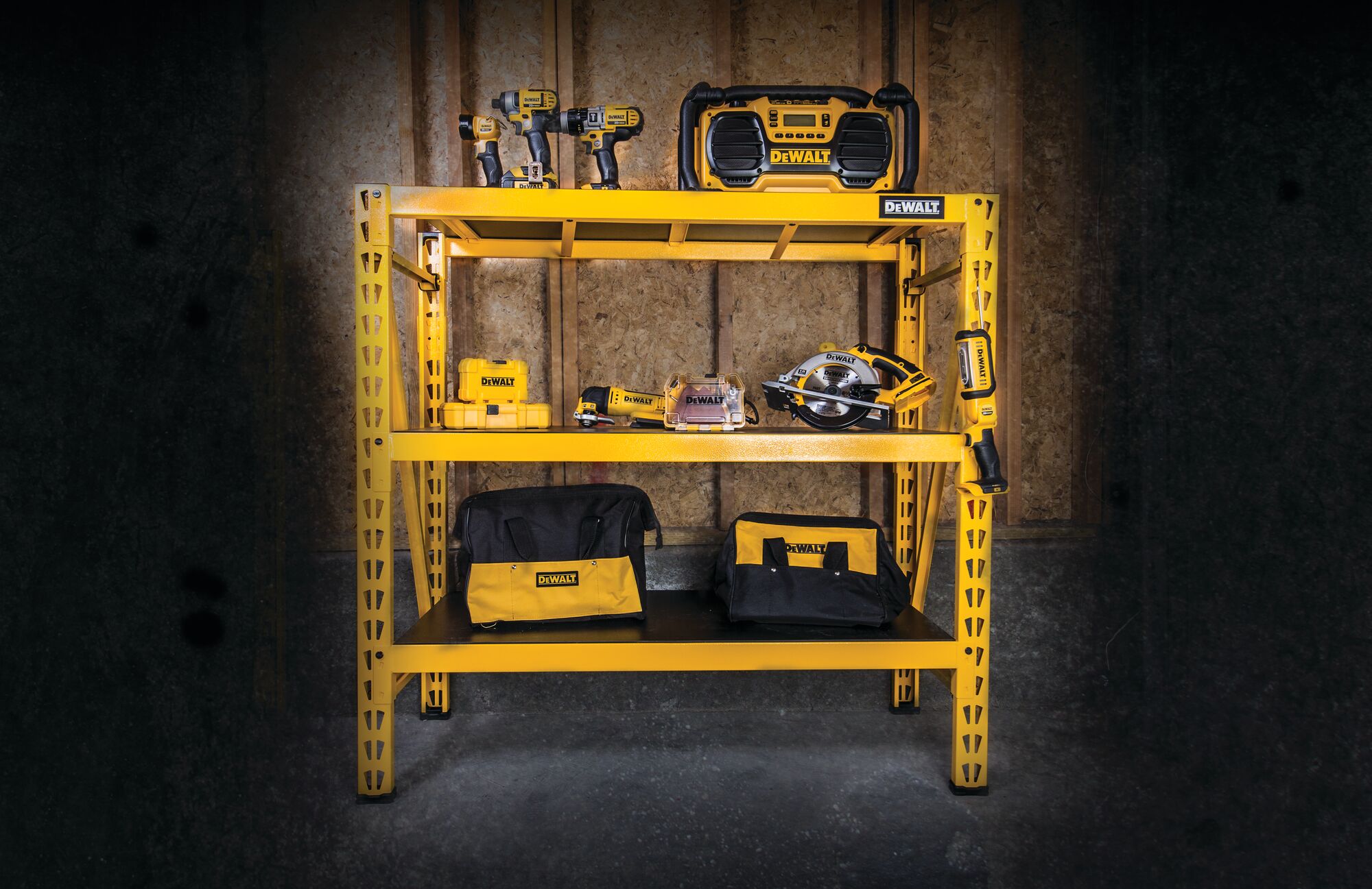 3 Shelf 4 foot Industrial Storage Rack containing tools and gadgets.