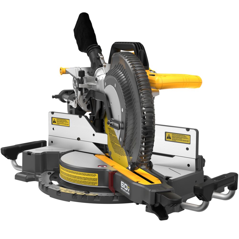 Sixty volt max cordless double bevel sliding miter saw on a slight angle while locked