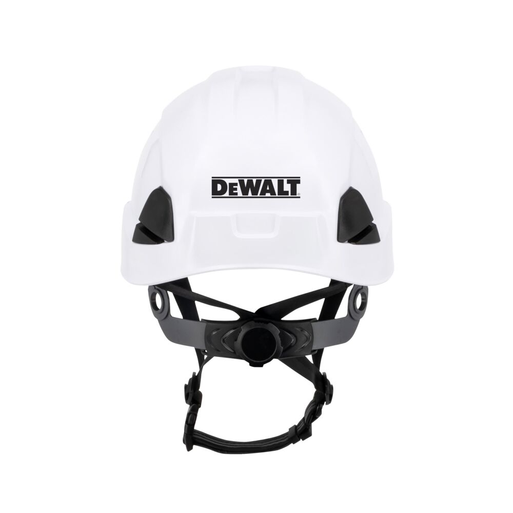 WHITE DEWALT TYPE II CLASS E HELMET WITH BLACK RATCHET SUSPENSION AND LEATHER CHINSTRAP BACK VIEW
