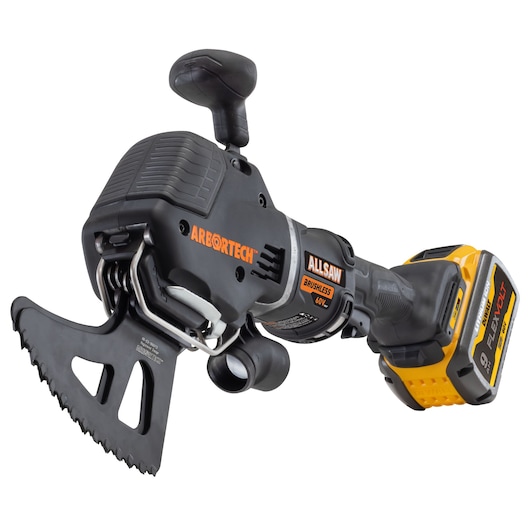 Diagonal left view of the Arbortech ALLSAW BA200X power tool equipped with two General Purpose blades and powered by DEWALT FLEXVOLT 60V battery