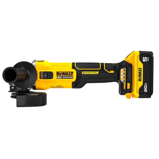 DEWALT 4.5" Slide Switch Small Angle Grinder with 5 AH Battery viewed straight on showing the front side on white background