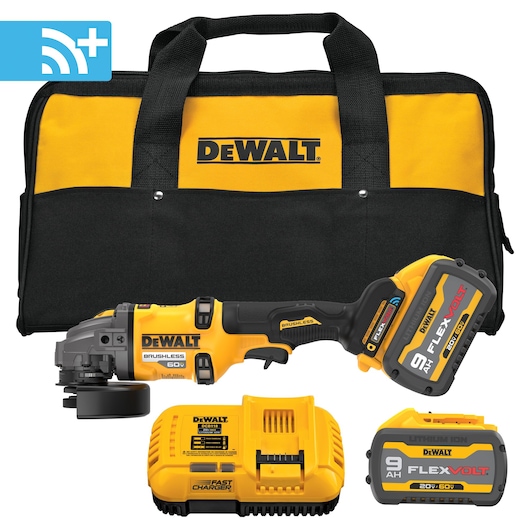 DEWALT 4-1/2" - 6" Side Handle Detect Small Angle Grinder Kit on white background with Tool Connect Plus logo.
