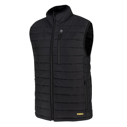 FRONT ANGLED VIEW OF BLACK DCHV095 MENS HEATED PUFFER VEST, ZIPPERED FRONT, ZIPPER CHEST POCKET AND DEWALT LOGO NEAR THE HEM