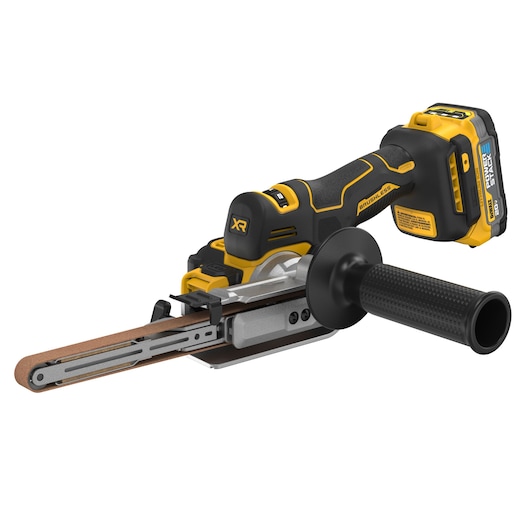 DEWALT 20V* MAX XR Bandfile with POWERSTACK Battery viewed from the front right side