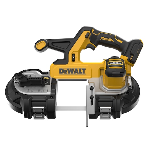 DEWALT 20V* MAX XR Mid-Size Bandsaw viewed staight on showing the front of the tool