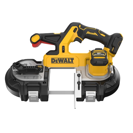 DEWALT 20V* MAX XR Mid-Size Dual Switch Bandsaw viewed straight on showing the front of the tool
