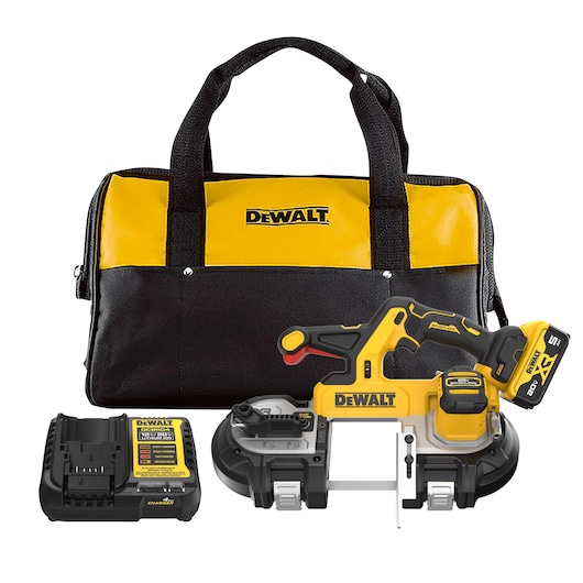 DEWALT 20V MAX* XR® Mid-Size Bandaw with Dual Switch kit image on white background. 