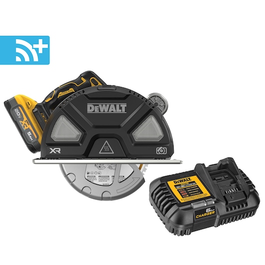  DEWALT 20V MAX* XR Metal Cutting Circular Saw Kit on white background with Tool Connect Plus logo.