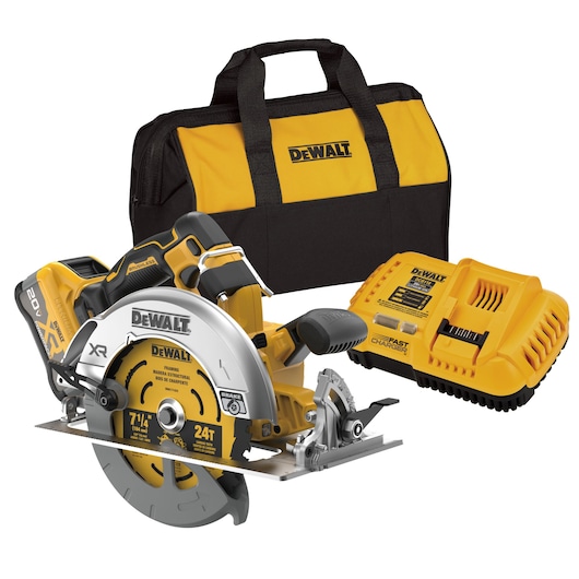 The DCS590 XR circular saw with the XR POWERPACK battery kit shot
