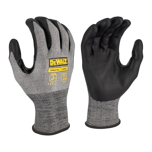 BLACK AND GRAY DEWALT A3 CUT RESISTANT GLOVES BLACK AND YELLOW LOGO AND BLACK FOAM NITRILE PALM SLIP ON WRIST MAIN VIEW