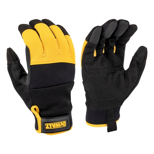 YELLOW AND BLACK DEWALT TOUCHSCREEN COLD WEATHER INSULATED GLOVES PADDED REINFORCED PALM HOOK AND LOOP CLOSURE MAIN VIEW