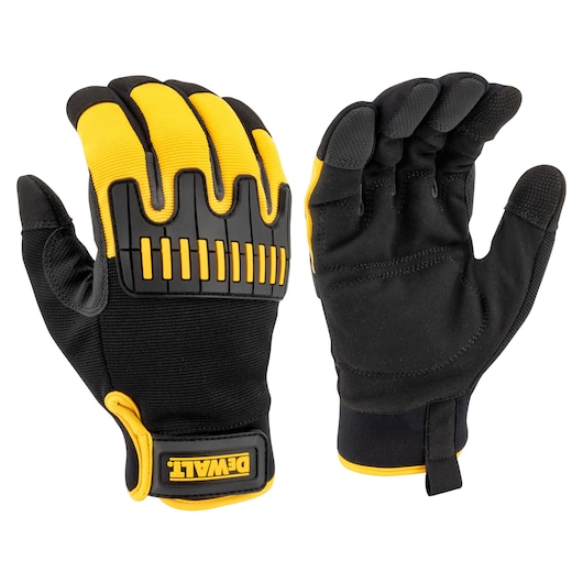 YELLOW AND BLACK DEWALT COLD WEATHER GLOVES REINFORCED PADDED PALM, TPR KUCKLE PROTECTION AND HOOK AND LOOP CLOSURE MAIN VIEW