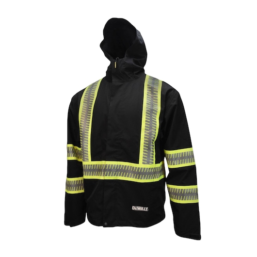 BLACK AND HI-VIS REFLECTIVE DEWALT RAINCOAT WATERPROOF RIPSTOP PACKABLE CLASS 1 TYPE O WITH POCKETS MAIN VIEW