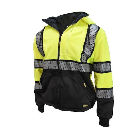 HI-VIS GREEN AND BLACK DEWALT DELUXE TYPE R CLASS 3 HOODIE WITH SEGMENTED REFLECTIVE TAPE ZIPPER CLOSURE AND POCKETS MAIN VIEW