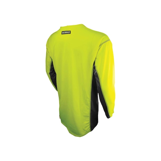 Back view of DEWALT yellow two tone long sleeved performance T shirt.