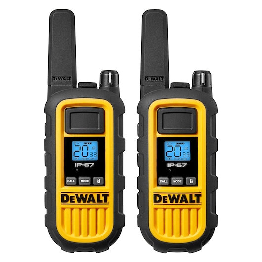 Front view DEWALT DXFRS800 Heavy Duty Walkie-Talkie with 2-watt long distance reception and extended runtime